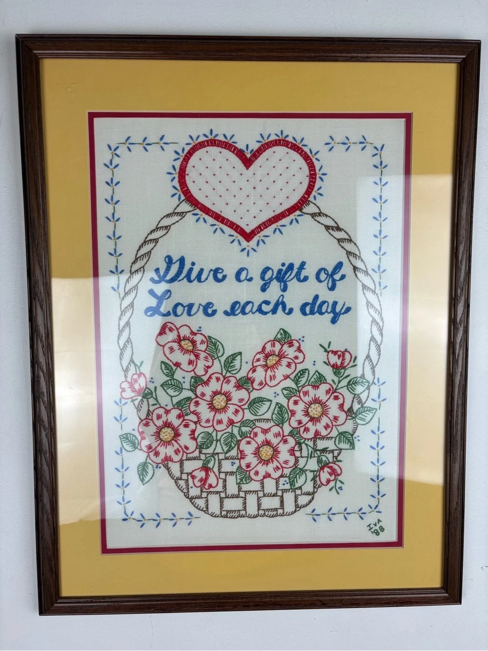 Vintage Hand-Embroidered Flower Basket”Give a Gift of Love Each Day”Frame/Matted